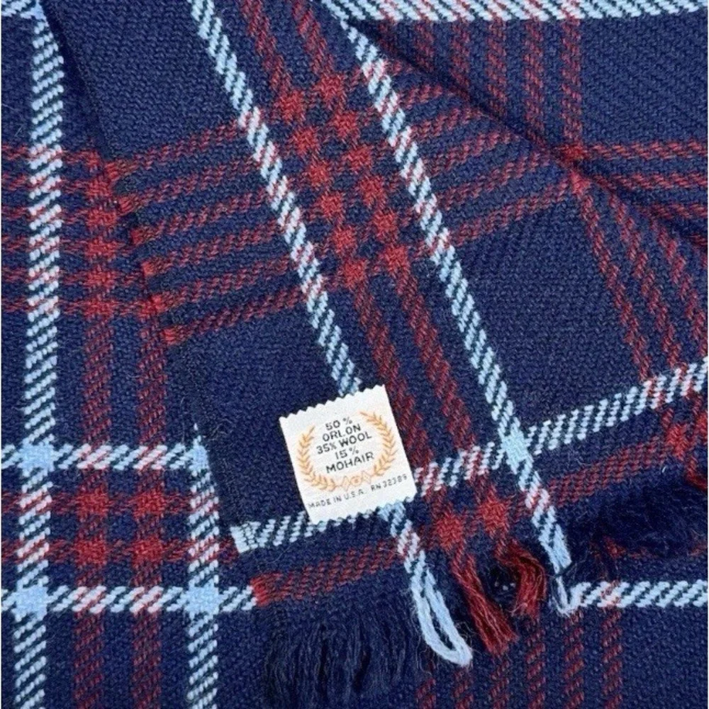 VTG Wool Mohair Unisex Navy Red Tartan Plaid Scarf‎ Classic Preppy Made in USA